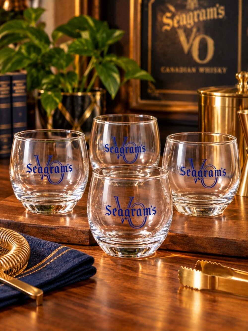 Libbey Vintage Seagram’s VO Whiskey Lowball Glasses Set of 4 Barware